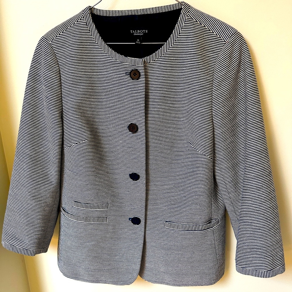 Talbots Stripe Button Up Jacket 3 Front Pockets Womens Size10 Navy & White EUC.